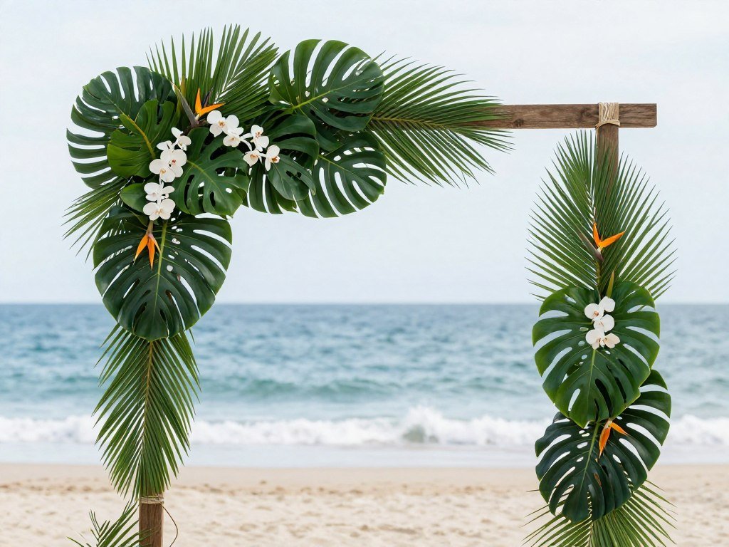 Tropical greenery arch decoration wedding with palm leaves and monstera