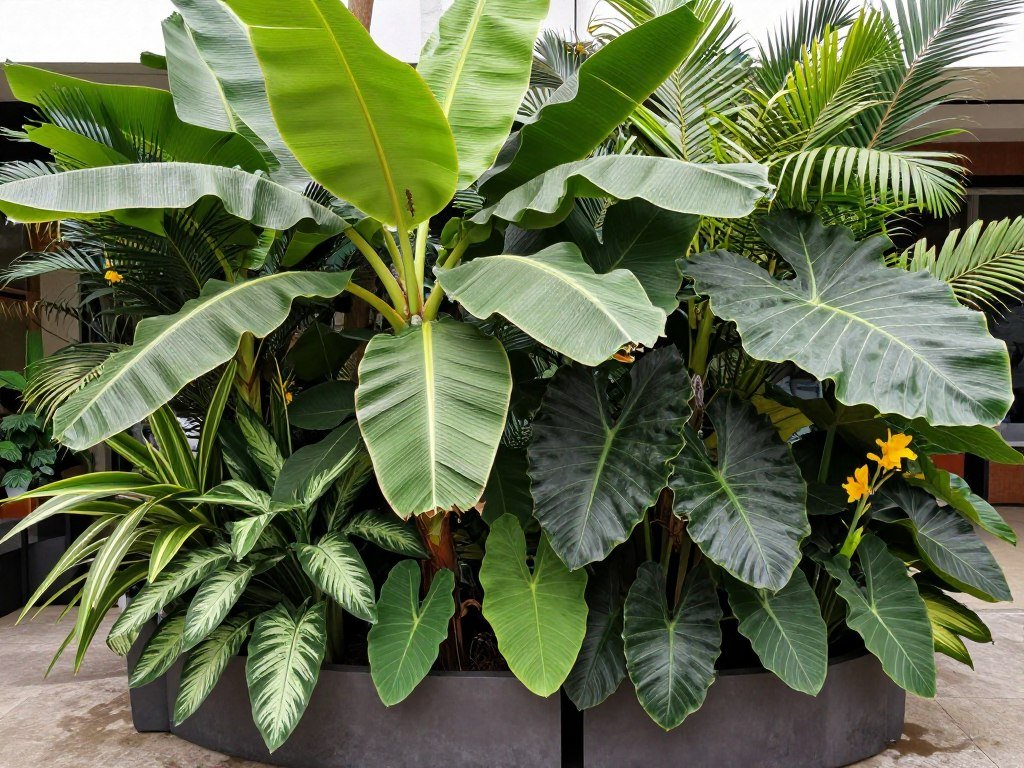 Tropical plants in large outdoor planters creating lush exotic display