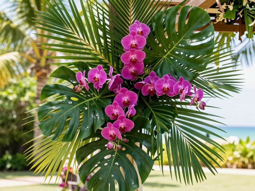 Tropical summer wedding decoration with palm leaves and orchids