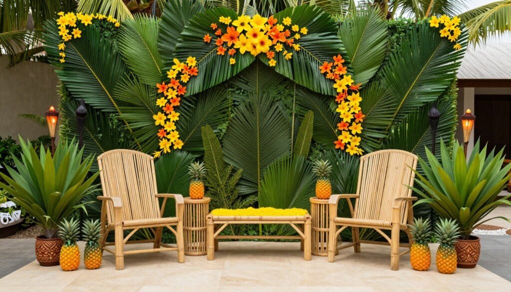 Tropical themed haldi decoration with palm leaves and exotic flowers