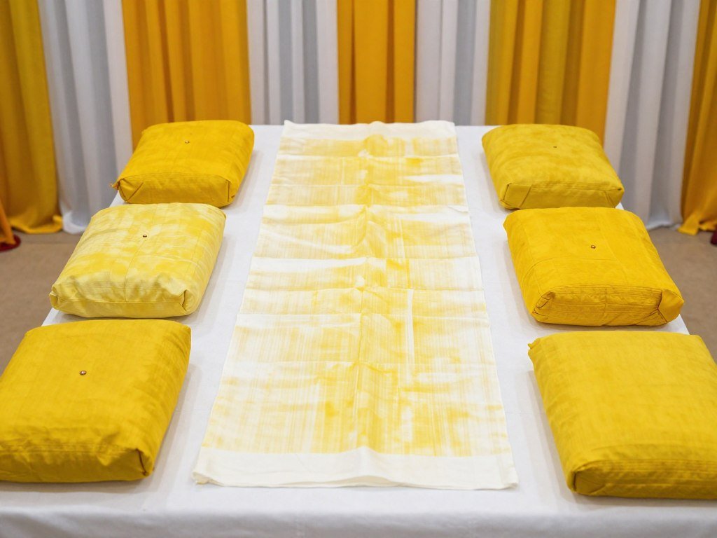 Turmeric-dyed fabric decorations for haldi ceremony