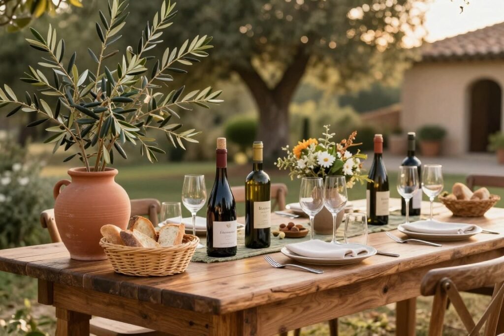 Tuscan-inspired rehearsal dinner with terracotta, olive branches, wine elements and warm Mediterranean colors