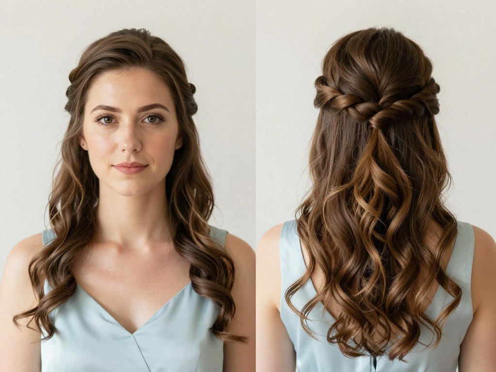 Twisted half-up bridesmaid hairstyle with hair secured at back Twisted half-up bridesmaid hairstyle with hair secured at back