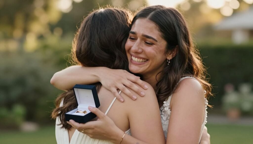 Two friends hugging after maid of honor proposal acceptance Two friends hugging after maid of honor proposal acceptance