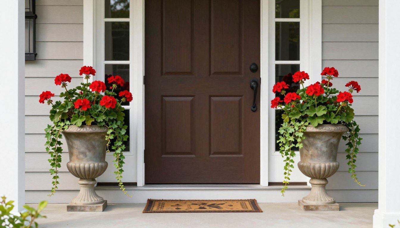 Two symmetrical classic urns with red geraniums flanking a front door, creating a timeless front porch planter arrangement