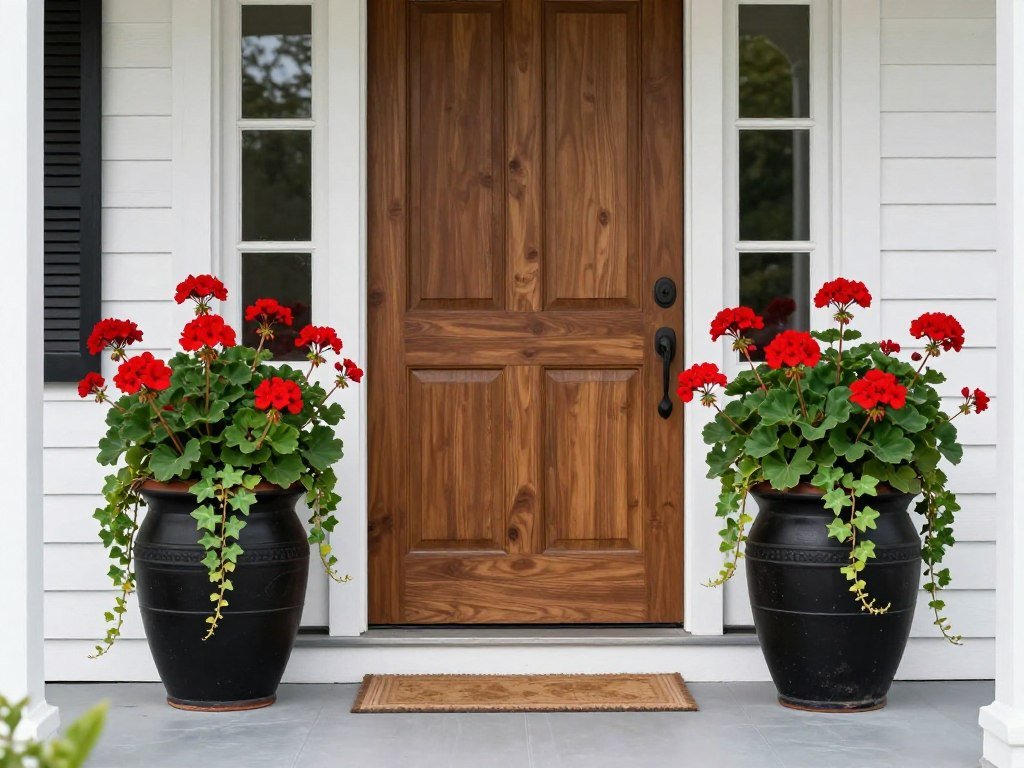 Two symmetrical planters flanking a front door with vibrant red geraniums and cascading ivy