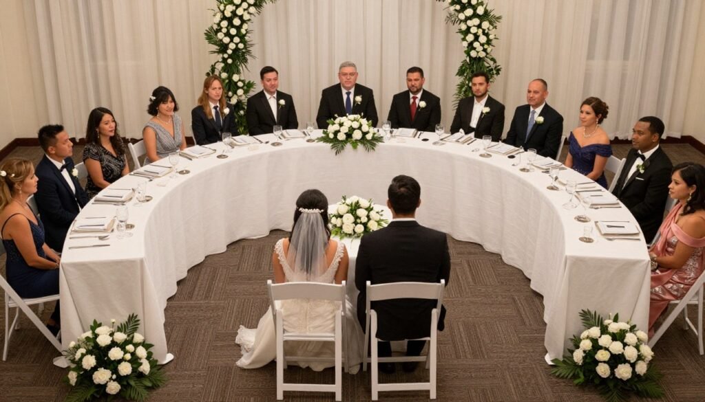 U-shaped wedding head table arrangement creating inclusive atmosphere