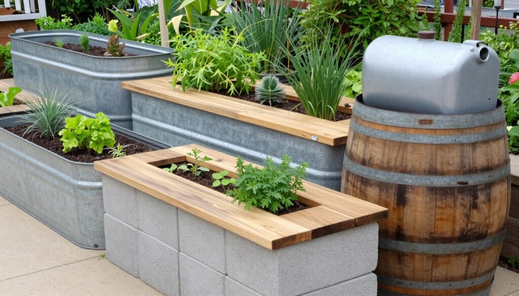 Unique raised planter boxes made from alternative materials