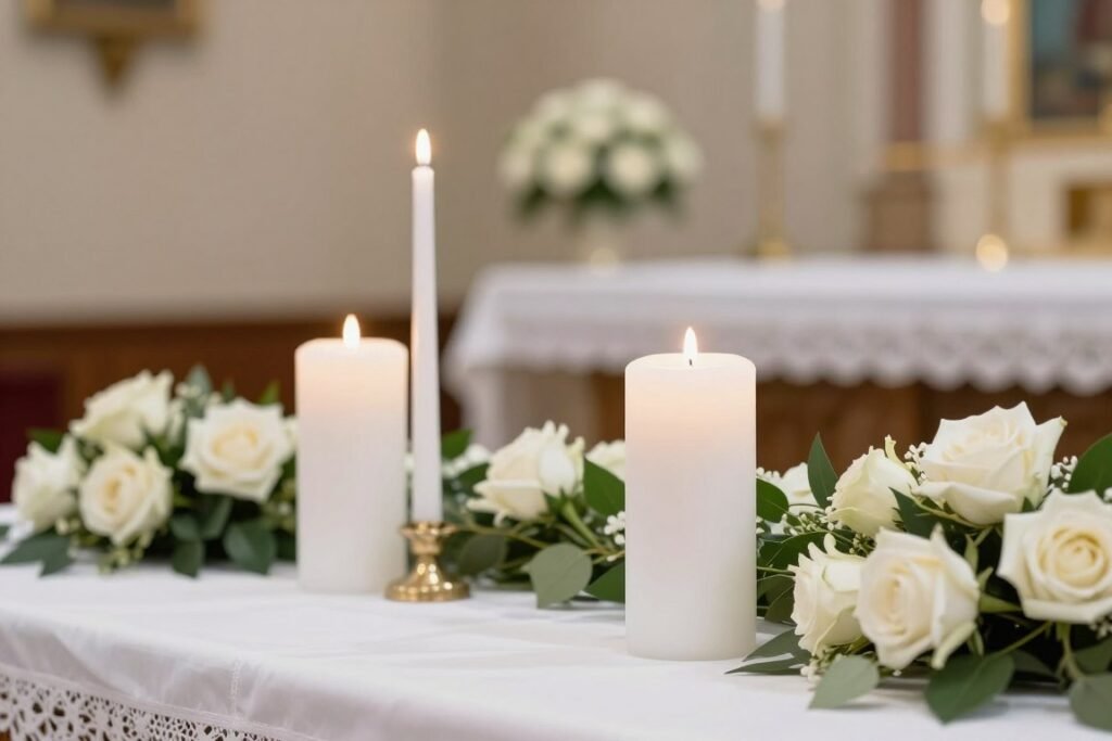 Unity candle setup with floral decorations on a church altar