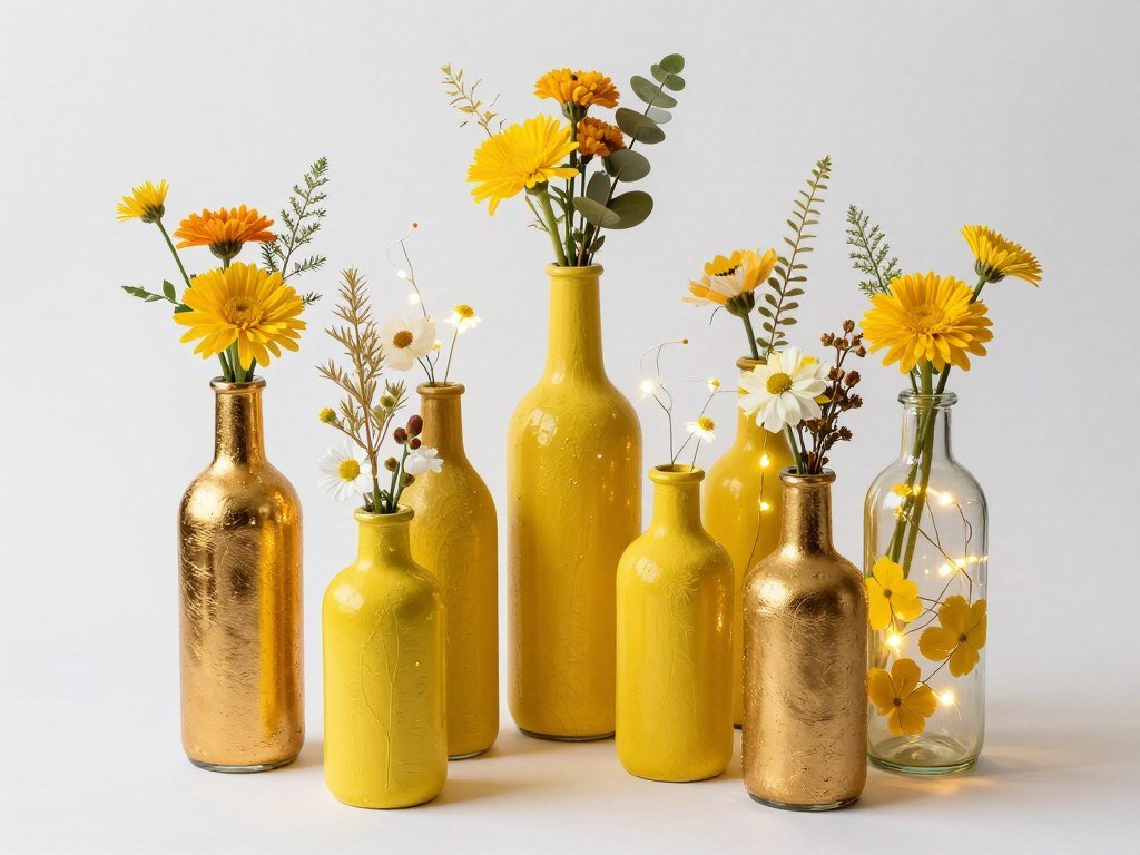 Upcycled painted bottles as haldi decoration centerpieces