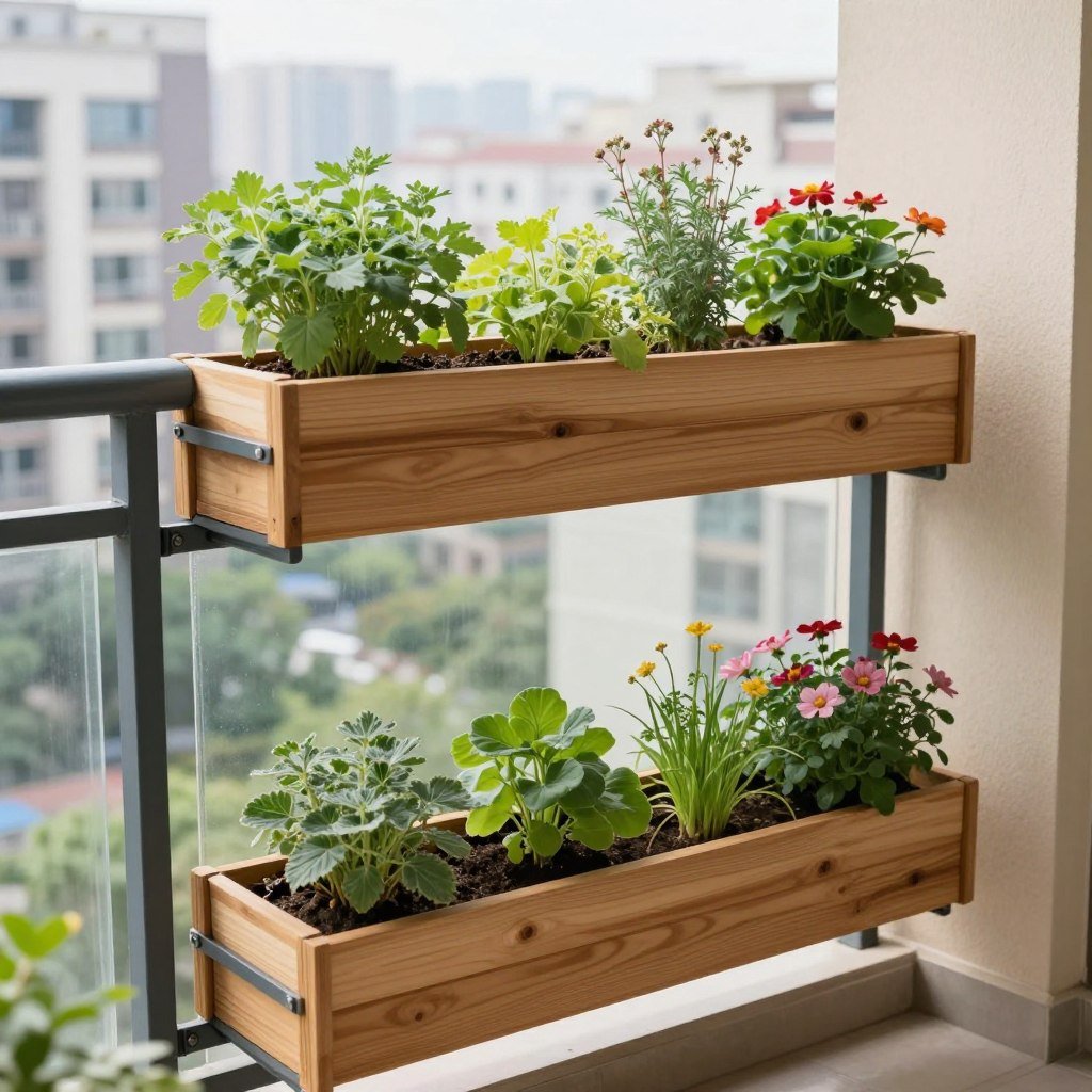 Urban balcony garden with space-saving cedar planters Urban balcony garden with space-saving cedar planters