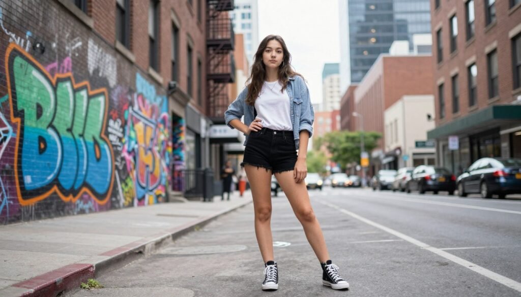 Urban sweet 16 photoshoot with city buildings and street art background