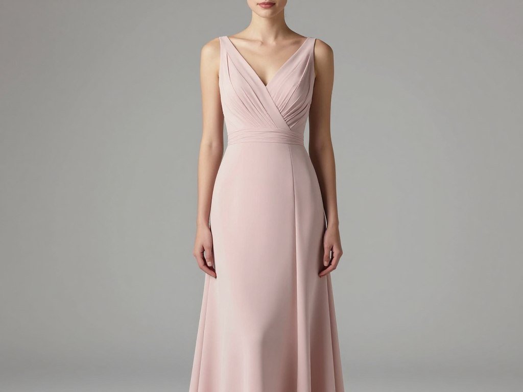 V-neck blush pink bridesmaid dress showing flattering neckline