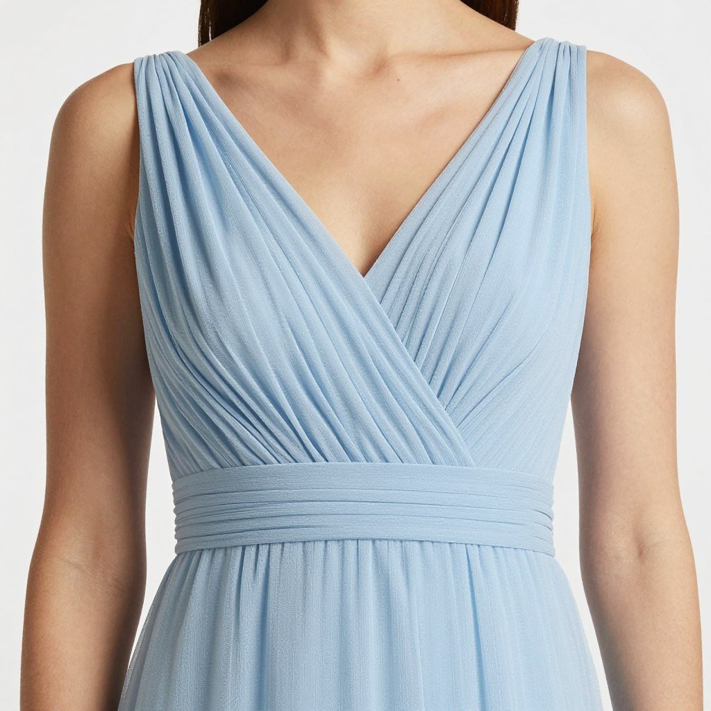 V-neck light blue bridesmaid dress close-up
