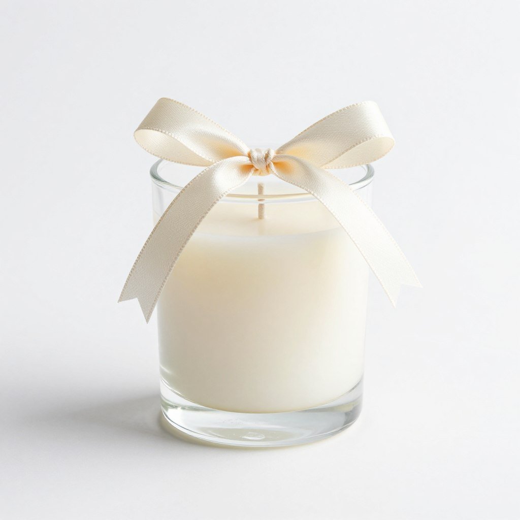 Vanilla scented candle in glass jar with ribbon