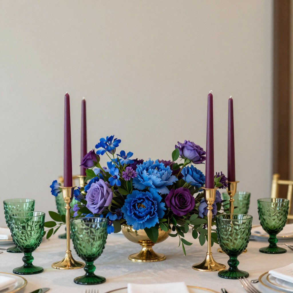 Varied height jewel tone centerpiece arrangement with candles, flowers, and decorative elements Varied height jewel tone centerpiece arrangement with candles, flowers, and decorative elements