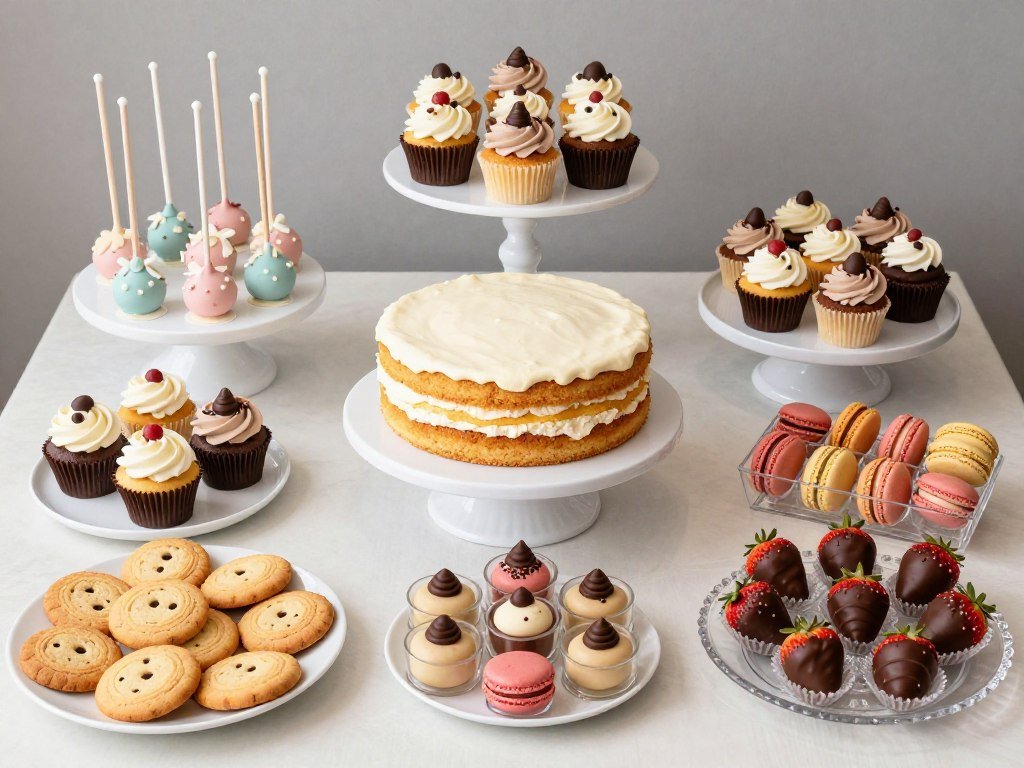 Variety of complementary desserts arranged on a cake table including cupcakes, cake pops, and macarons