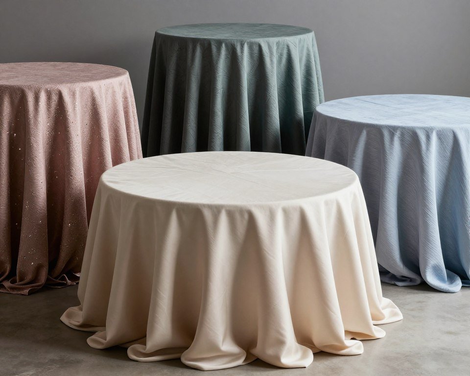 Variety of elegant table linens in different colors and textures for cocktail tables