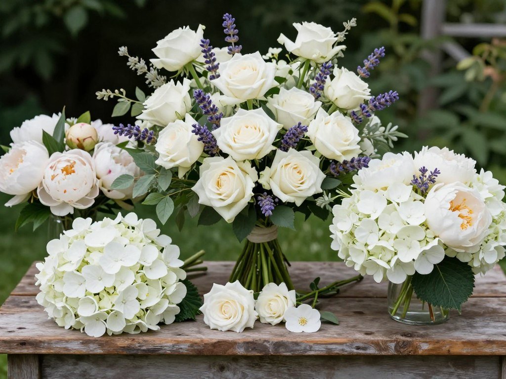 Variety of garden wedding flowers including roses and lavender