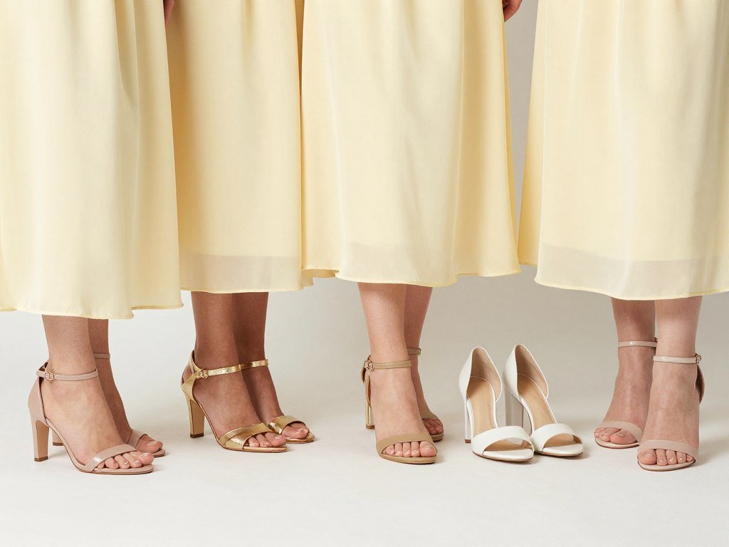 Variety of shoe options including nude heels and metallic sandals for butter yellow dresses