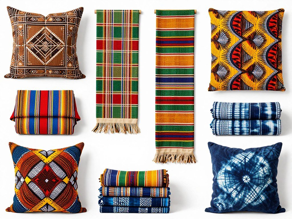 Various African textiles including mud cloth, kente, and ankara prints used in afro boho decor Various African textiles including mud cloth, kente, and ankara prints used in afro boho decor