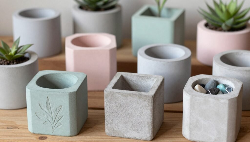 Various DIY concrete planters with different designs, colors, and textures