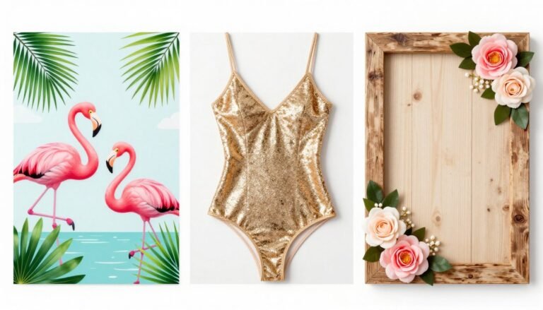 Various bachelorette party theme displays including tropical, glamorous, and rustic options