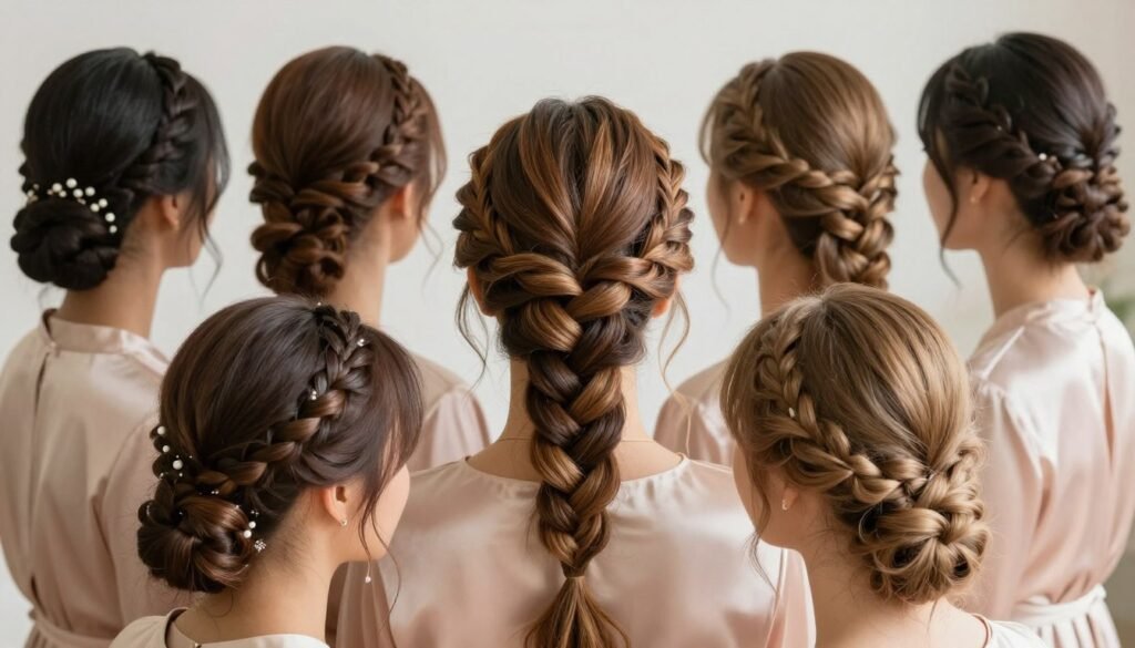 Various braided bridesmaid hairstyles showing different braiding techniques Various braided bridesmaid hairstyles showing different braiding techniques