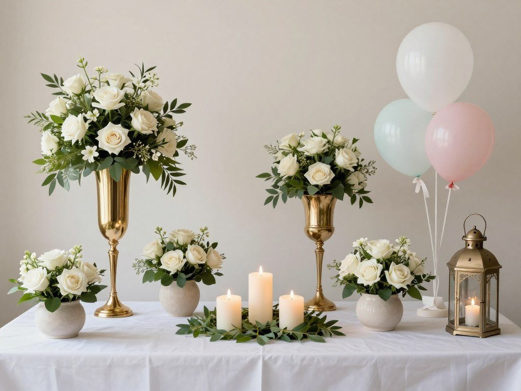 Various bridal shower centerpiece styles showing different height options and arrangements