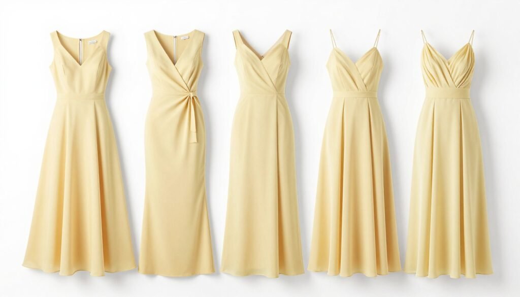 Various butter yellow bridesmaid dress silhouettes displayed together showing different styles