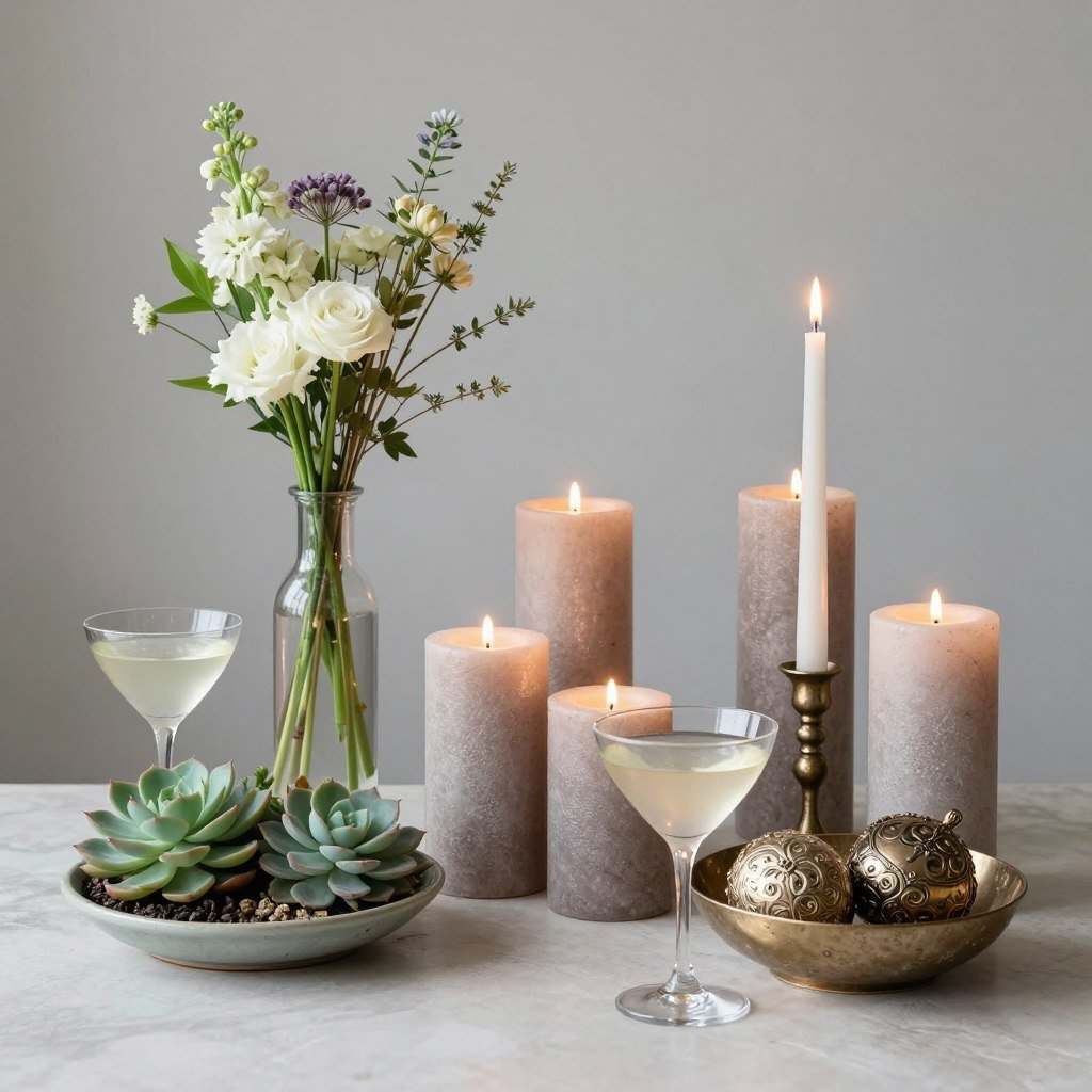 Various cocktail table centerpieces with different heights and textures