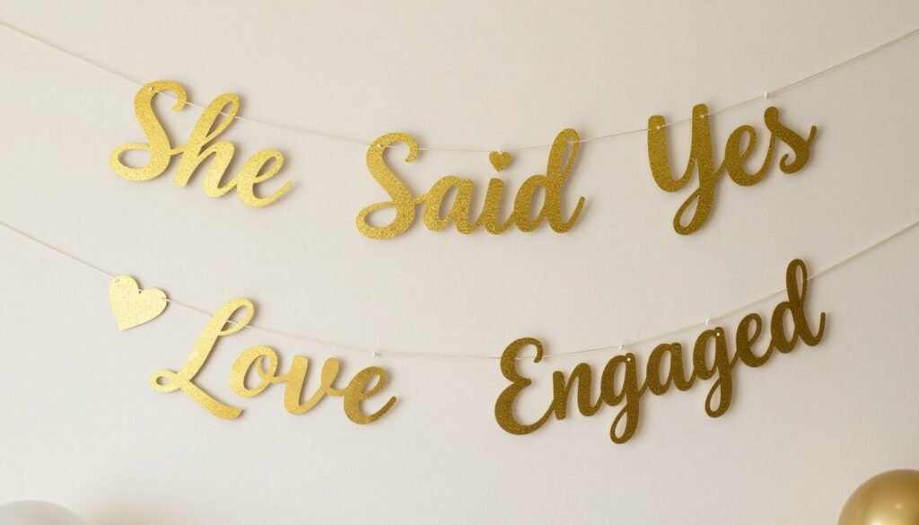 Various engagement party banners including 'She Said Yes' and 'Love' in gold lettering