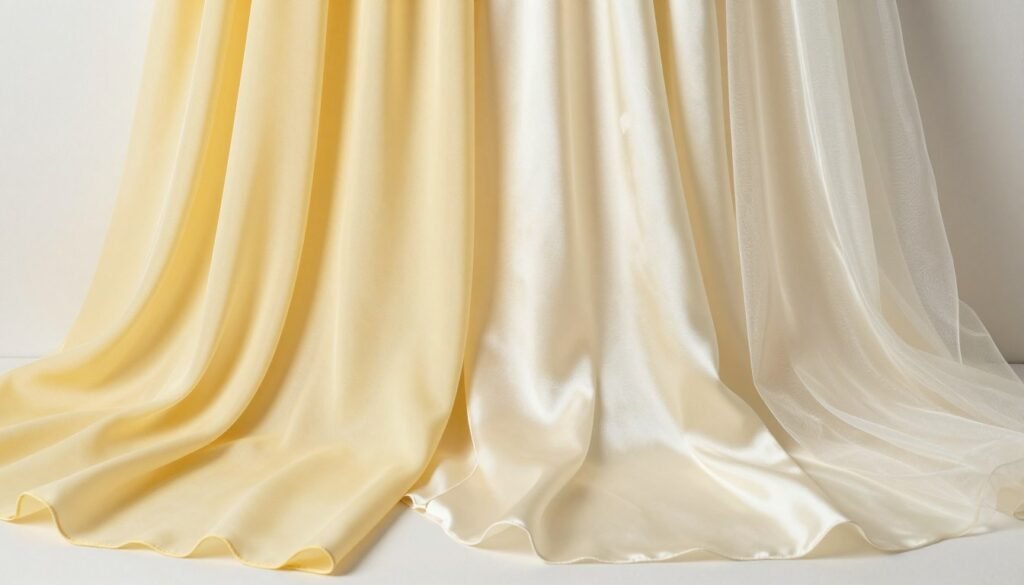 Various fabric swatches in butter yellow showing chiffon, satin, and organza textures