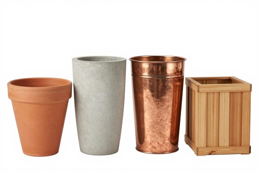 Various front door planter materials displayed side by side showing terracotta, concrete, metal, and wooden options Various front door planter materials displayed side by side showing terracotta, concrete, metal, and wooden options