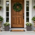 Various front door planter styles including urns, window boxes, and hanging baskets arranged on a front porch
