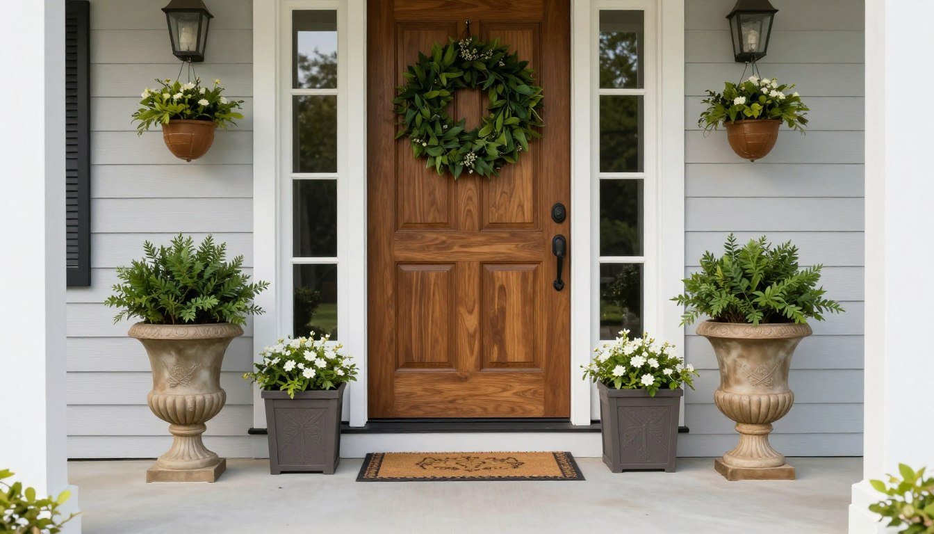 Various front door planter styles including urns, window boxes, and hanging baskets arranged on a front porch