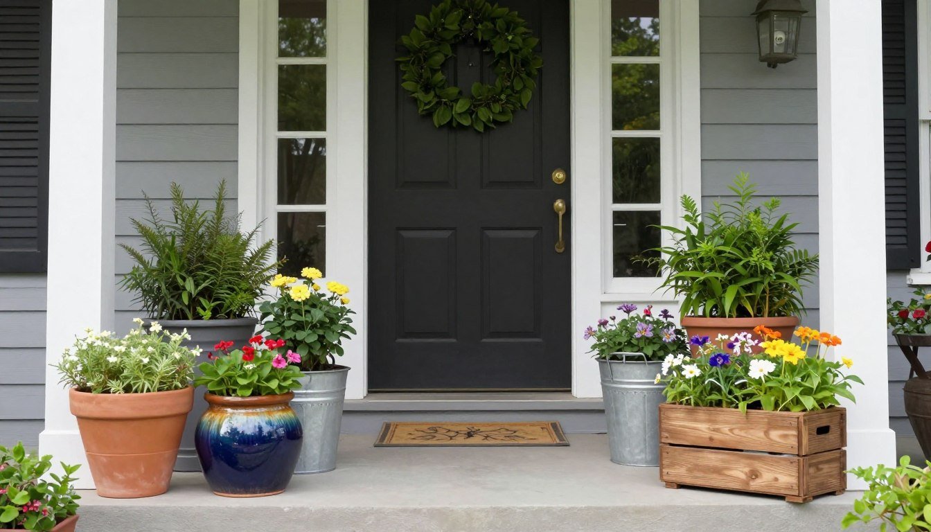 Various front porch planters made of different materials including terra cotta, ceramic, metal, and wood arranged on a stylish front porch