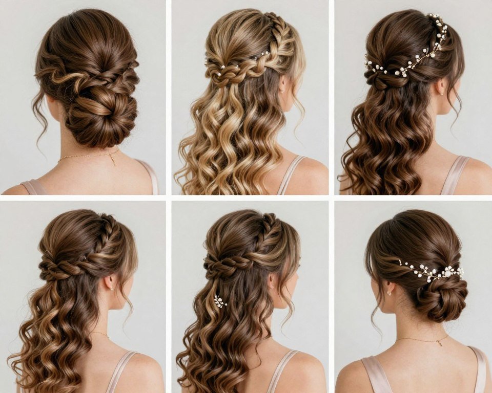 Various hairstyle options for bridesmaids including updos and flowing styles