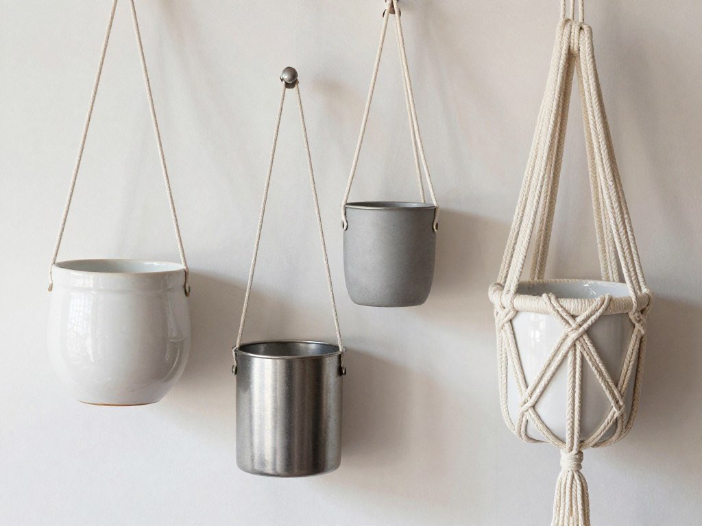 Various hanging planter materials including ceramic, metal, and macramé displayed side by side showing different textures