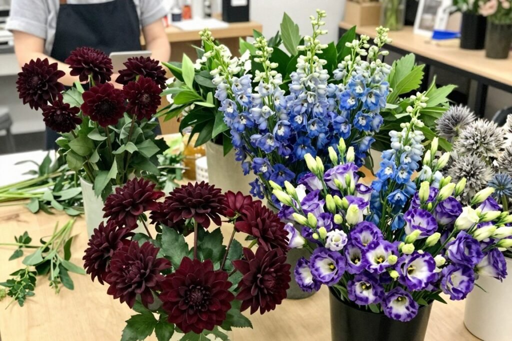 Various jewel tone flowers arranged by color including burgundy dahlias, blue delphinium, and purple lisianthus Various jewel tone flowers arranged by color including burgundy dahlias, blue delphinium, and purple lisianthus
