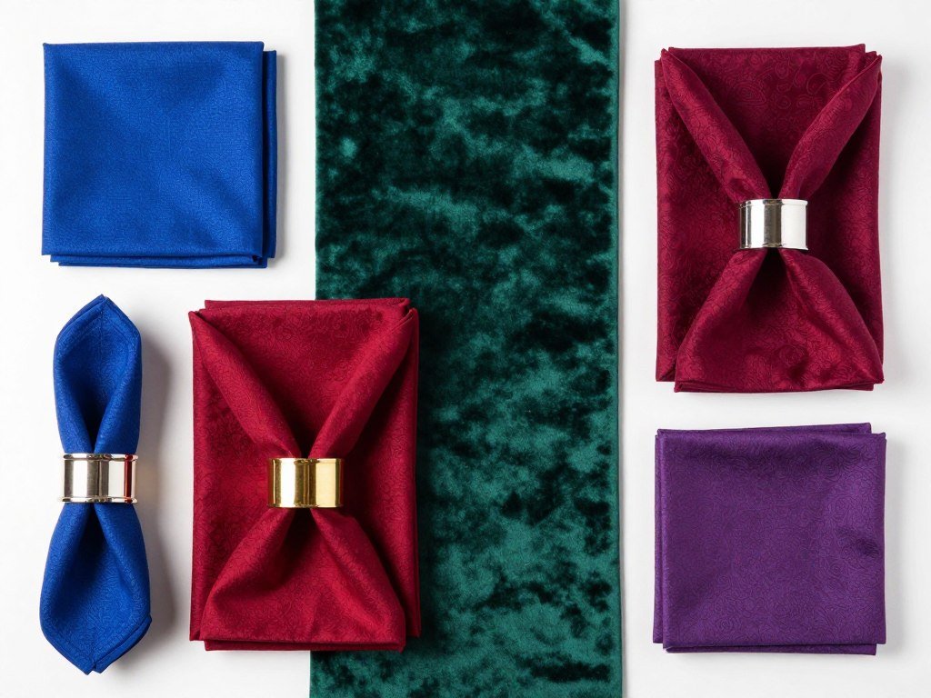 Various jewel tone table linens including emerald velvet runners and sapphire napkins Various jewel tone table linens including emerald velvet runners and sapphire napkins