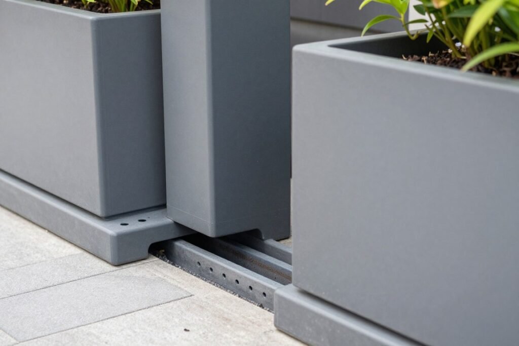 Various large outdoor planters showing different drainage systems