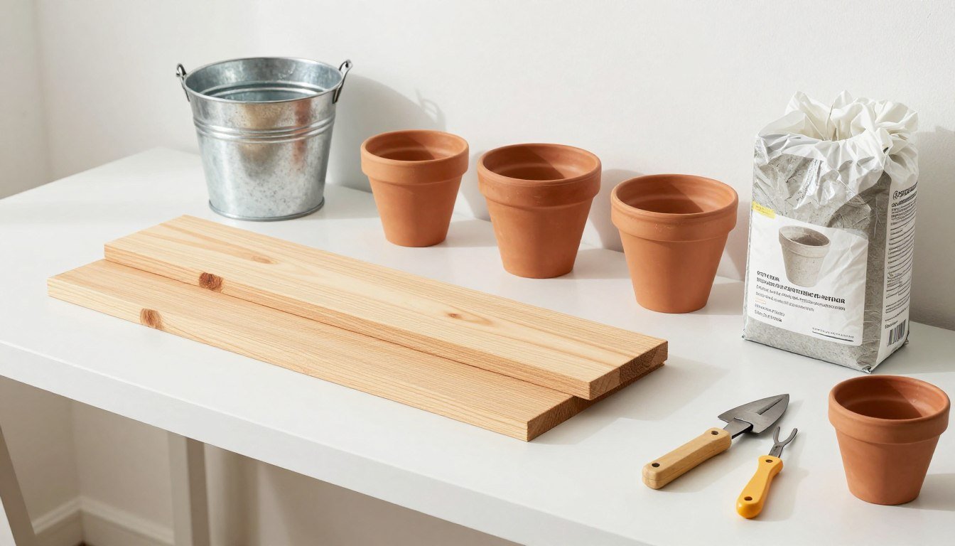 Various materials for DIY outdoor planters including wood, concrete, metal, and plastic containers arranged on a workbench