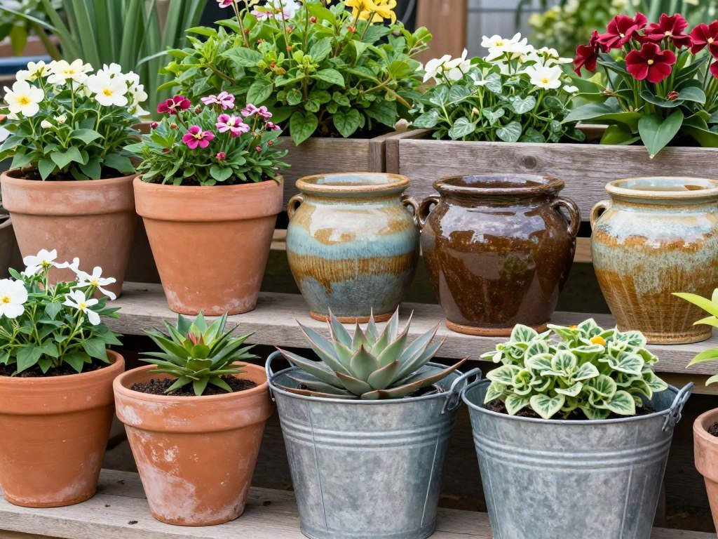 Various outdoor planter materials including terracotta, ceramic, metal, and wood displayed in a garden setting