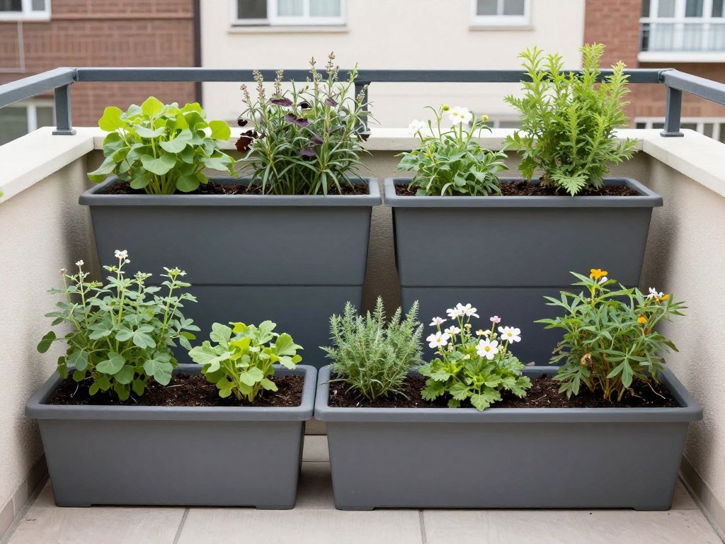 Various planter boxes arranged in a small urban garden space Various planter boxes arranged in a small urban garden space