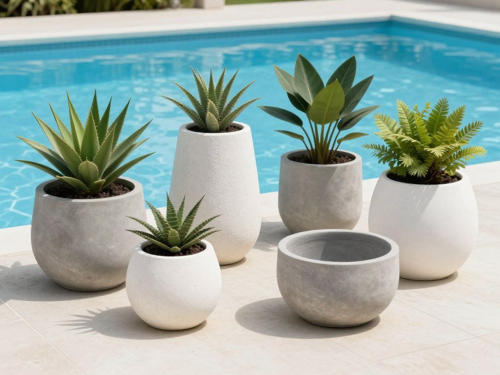 Various planter materials displayed in a modern pool setting showing concrete, fiberglass, and ceramic options Various planter materials displayed in a modern pool setting showing concrete, fiberglass, and ceramic options