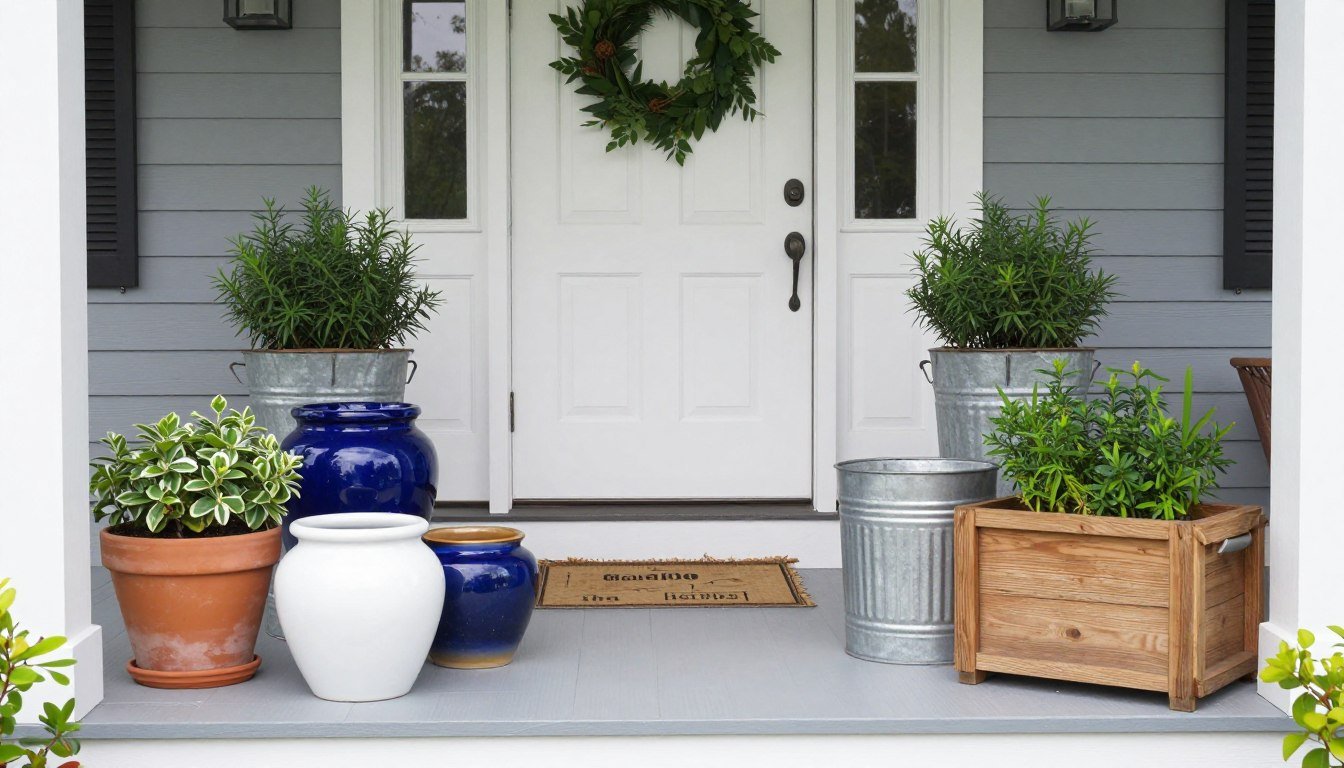 Various planter materials displayed on a front porch including terra cotta, ceramic, and metal options