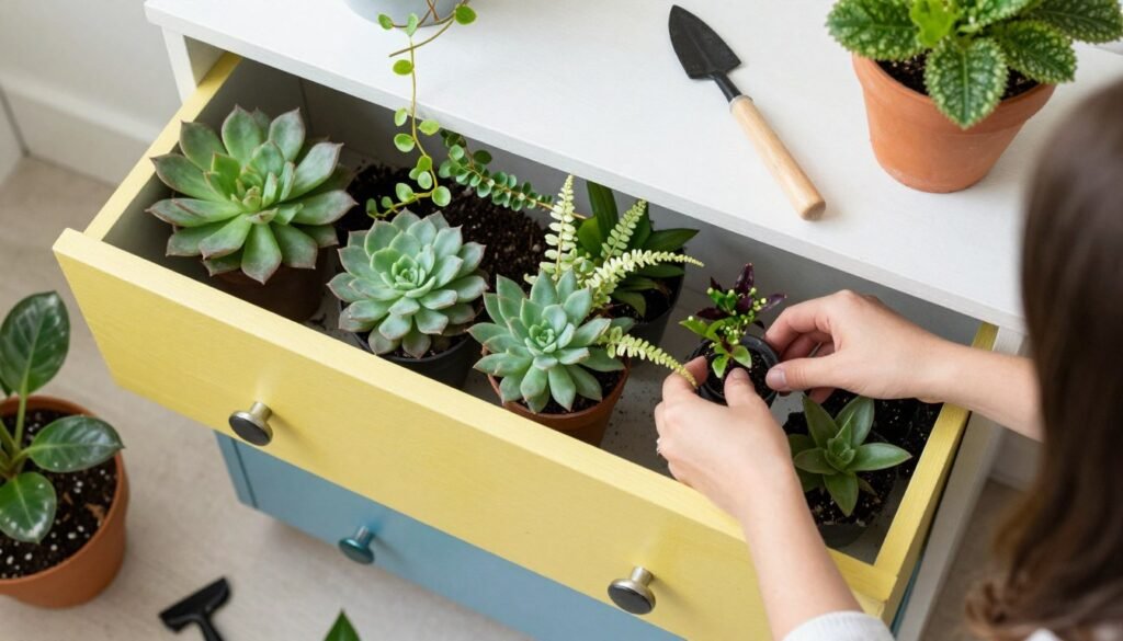 Various plants being arranged in a colorful file cabinet planter