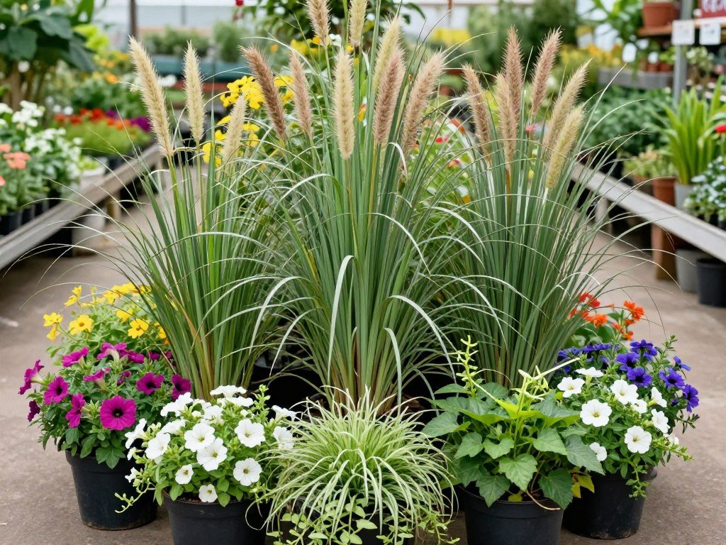 Various plants grouped by light requirements and growth habits for planter combinations