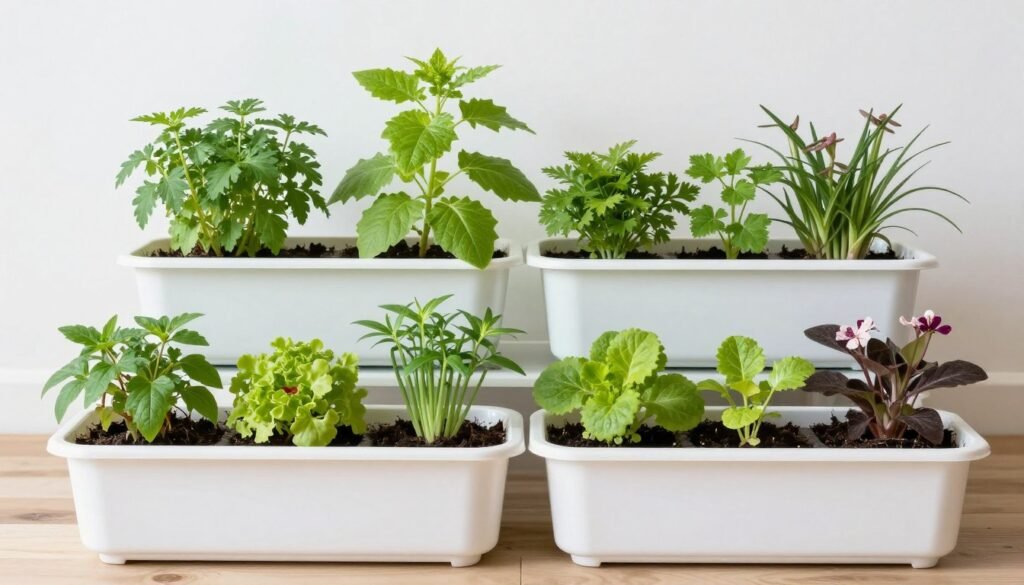 Various plants thriving in DIY self watering planters